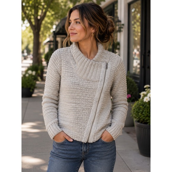 Athleta Sweaters - Athleta Merino Wool Asymmetrical Zip Moto Cardigan Sweater Tan Womens Medium